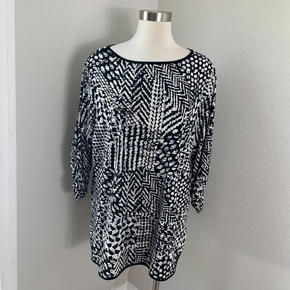 Susan Graver Womens‎ Plus 1X Black White Geometric Tunic Top Stretch Liquid Knit